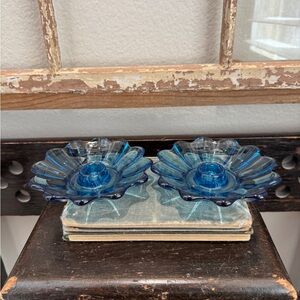Vintage Fostoria Blue Glass Candle Holders